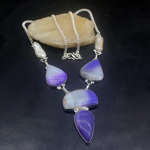 Hermosa Jewelry Natural Botswana Agate Biwa Pearl Charm Fashion Silver Color Chain Necklace for Women Ladies Gift 19 Inch FQ57