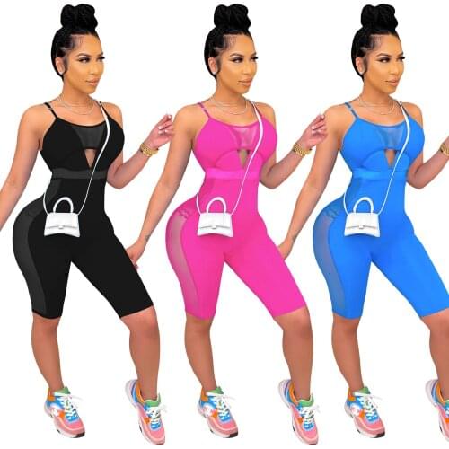 Zoctuo Solid Mesh Playsuit Jumpsuit For Women Tight Spaghetti Straps Casual Jumpsuits Summer Hollow Out Short Jumpsuits Sexy
