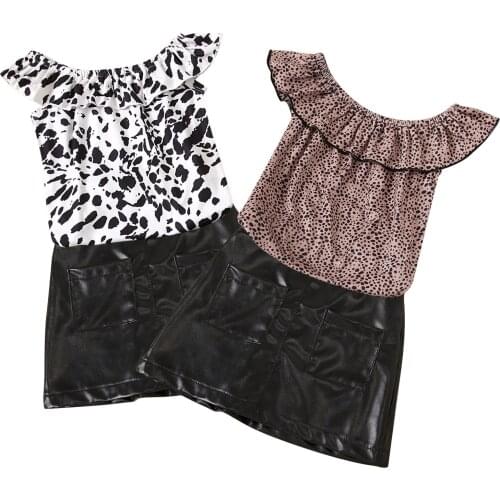 2PCS Toddler Girls Summer Outfits, Off Shoulder Leopard Print Bodysuit + Leather Skirt Set
