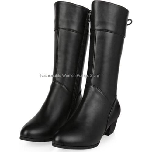Fashion Mid-Calf Rubber Boots For Women Black Booties PU Leather Zip 2021 Womens Shoes Wedge Female Winter Boots Autumn shoes