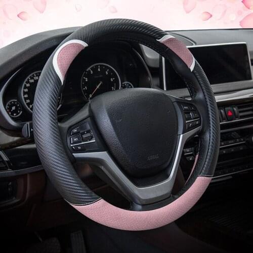 Cartoon Car Steering Wheel Cover Carbon Fiber Stitching Leather handlebar set cute rabbit female models Universal M 37/38 cm New