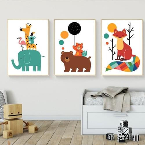 Cartoon Animal Bear Tiger Fox Canvas Art Painting Poster and Prints Nordic Style Wall Art Picture For Kids Room Baby Living Room