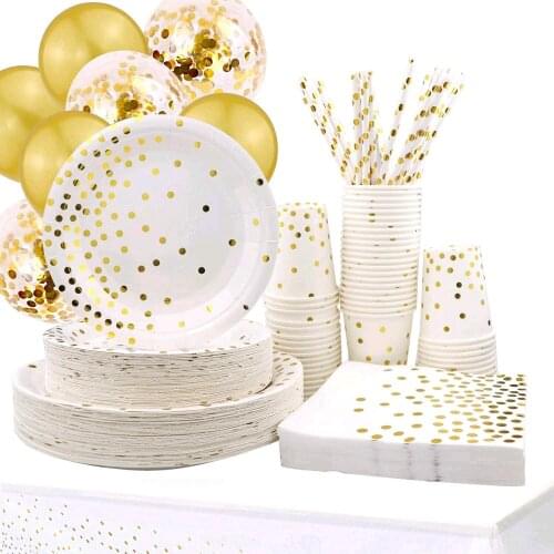 White Gold Party Supplies Disposable Tableware Paper Plates Dinnerware Sets Dots Cups Straws for Birthday Wedding Graduation