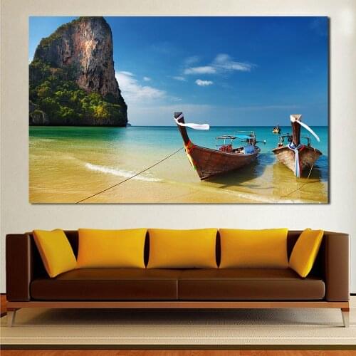 JQHYART Wall Art Picture Tropical Plyaj Lodki Thailand Landscape For Living Room Canvas Painting Home Decor No Frame