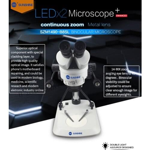 Newest binocular SUNSHINE SZM1490-B8SL 14X-90X continuous zoom stereo microscope for zoom in electronic components cpu reapir