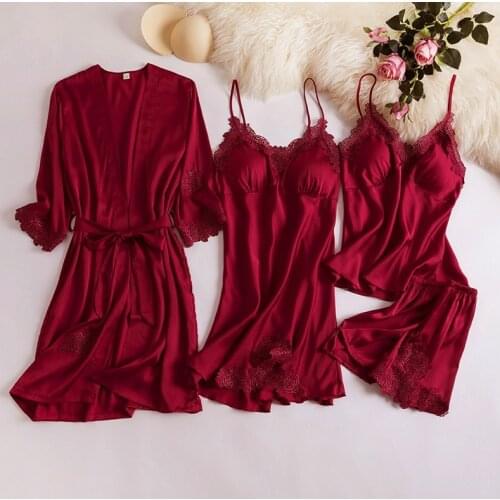4PCS Pajamas Sets Sexy Womens Satin Lace Sleepwear Sleep Suit Spring With Chest Pads Lounge Pyjamas Casual Nightwear Home Wear