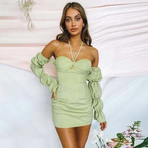 Long Puff Sleeve Mini Dress Slash Neck Satin Pleated Sexy Autumn Winter Women Neck-Mounted Solid Party Elegant Streetwear Dress