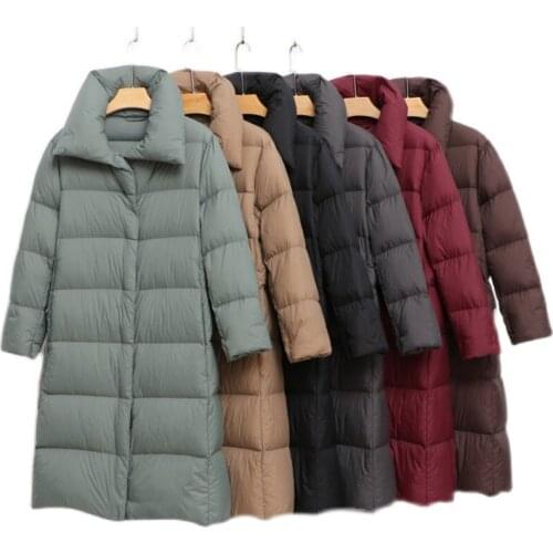 90% White Duck Down Long Puffer Jacket Women Ultra Light Down Coat Female Zipper Soild Warm Loose Overcoat Outwear Solid Color