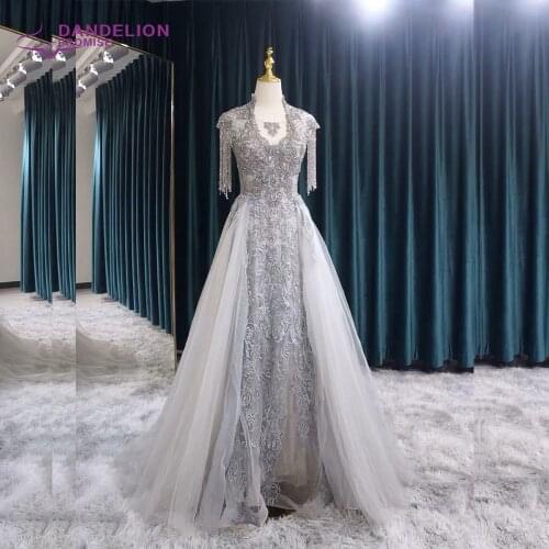 Luxury Evening Dresses 2020 Long Scoop Tassel Short Sleeve Beaded Evening Gown Tulle Formal Evening Dres