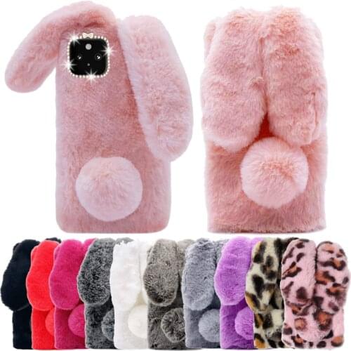 Luxury Diamond Bunny Ears Phone Case For Google Pixel 5a 5 4a 4 6 Pro 3a 3 2a 2 1 XL Leopard Fluffy Rabbit Plush Fur Phone Cover