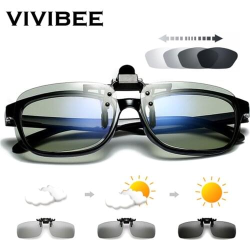 VIVIBEE Polarized Square Flip Up Clip on Sunglasses Men Photochromic Polarised Women Sun Glasses for Night Driving Lens
