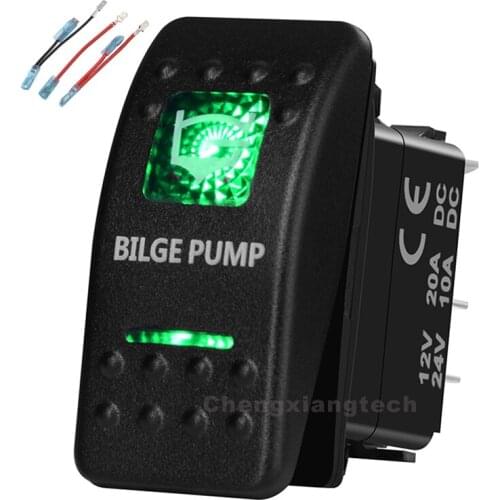 Green Led Printed Rocker Switch Bilge Pump 5P on-off SPST 12V/20A 24V/10A+Jumper Wires Set for Car Boat Trucks Waterproof