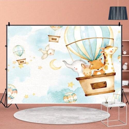 Vinyl Studio Cartoon Animal Friends In Hot Air Ballon Background Baby Shower Customize Photo Birthday Party Wall Decor Backdrop