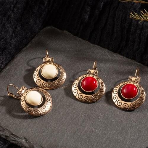 Vintage Ethnic Round Dangle Drop Earrings with Nature Stone for Women Female Wedding Jewelry Ornaments Accessories