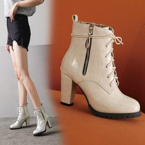 YQBTDL 2020 Autumn High Heels Woman Shoes Embossed Red Black Lace Up Punk Biker Combat Boots for Women Ankle Booties Plus Size