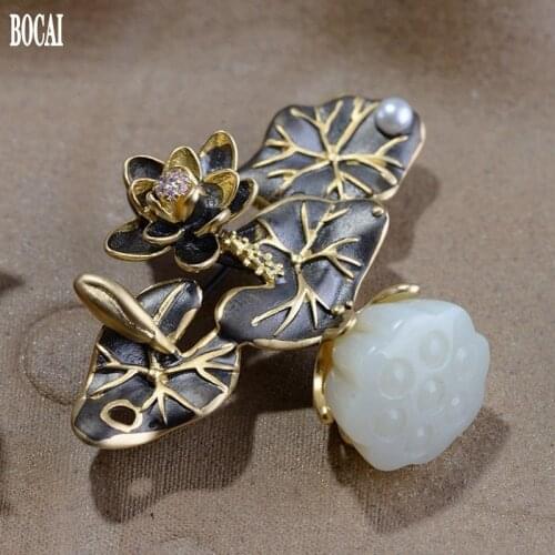 S925 silver 18K craft silver pendants female models rich flowers natural stone lotus pendant brooch woman silver pendant