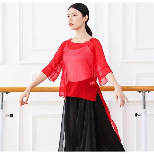Womens Chiffon Crepe Classical Dance Clothes Half Sleeve Loose Fairy Chinese Folk Dance Wear Petal Neck See Through Top Coverup