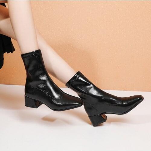 Women Ankle boots Patent Leather for women zipper simple wild Chelsea boot high heels womens short boots Botines Mujer 32 33