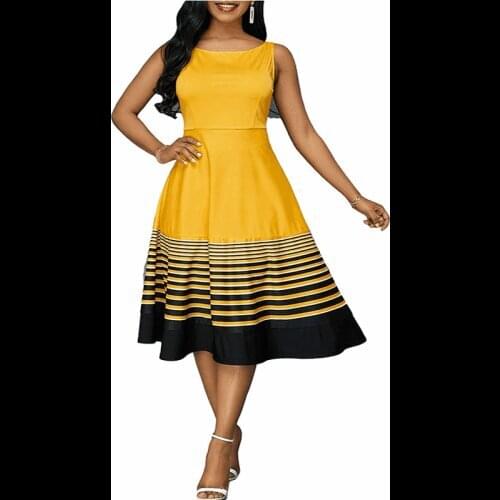 Summer Dress Women 2021 Casual Plus Size Slim Striped Ball Gown Long Party Dresses Vintage Elegant Sexy Sleeveless Dress Yellow