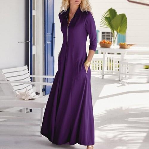 Women Casual Turn-down Collar Pockets Long Dress Elegant Long Sleeve Solid Zipper Party Dress Autumn Vintage Loose Dresses Femme