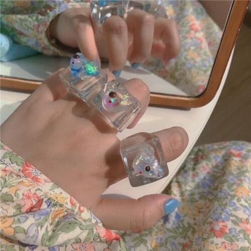 New Korean Lovely Colorful Transparent Bear Acrylic Resin Geometric Square Ring for Women Girls Vacation Jewelry