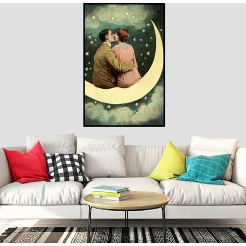Abstract Wall Art Vintage Painting Couple Kissing Moon Nordic Canvas Posters Prints for Living Room Bedroom Corridor Decoration