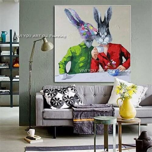 Abstract Cartoon Two Rabbit Oil Painting 100% Hand Painted Colorful Modern Art Wall Canvas Art For Home Kids Room Decoration