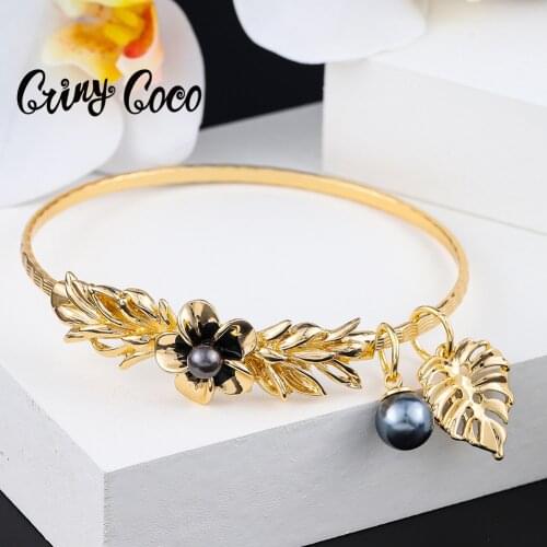 Cring Coco Plumeria Flower Bracelets Hawaiian Polynesian Gold Plated Jewelry Woman Marshall Pearl Leaf Bracelet Bangle for Women