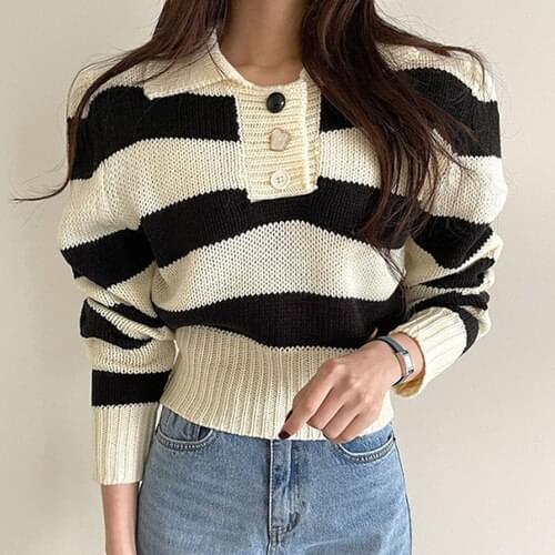 Hit Color Striped Patchwork Knit Sweater Women Turn Down Collar Long Sleeve Slim Waist Pull Femme Causal Sueter Autumn