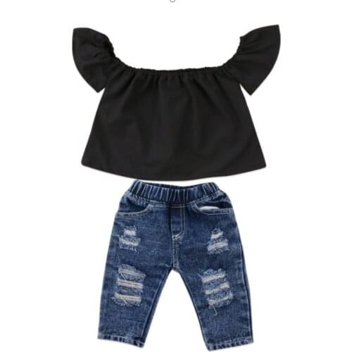 Fashion Summer Kids Baby Girls Clothes Set Solid Short Sleeve T Shirt Demin Pants Outfits 2pcs 1-5Y Toddler Girls