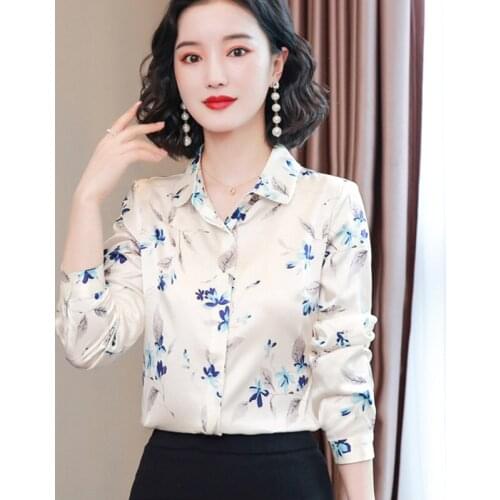Korean silk shirt, womens long-sleeved shirt, womens shirt, satin print top