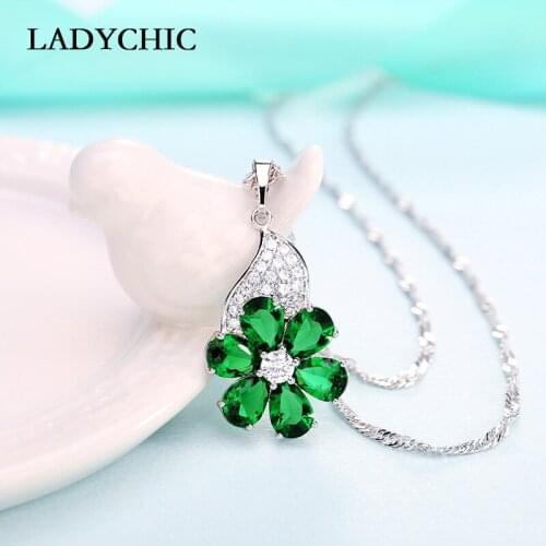 LADYCHIC Luxury Blue & Green AAA Zircon Flower Pendant Necklaces Fashion Crystal Silver Color Wedding Jewelry Wholesale LN1097