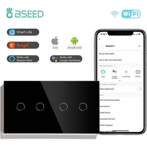 BSEED WIFI Double Light Switches Smart Touch Sensor Wall Switches Google Alexa Smart Life App Control 4Gang Smart Touch Switches