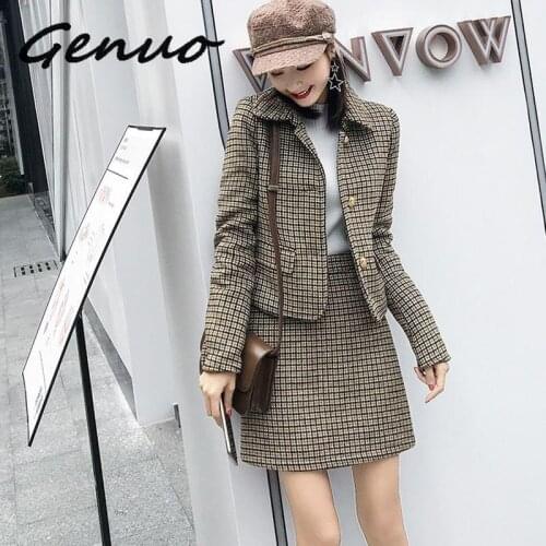 Genuo New Autumn Winter Hepburn Style Skirt Suit Korean Fashion Blazer Suit Skirt Women 2019 New Plaid Wool Two Piece Set