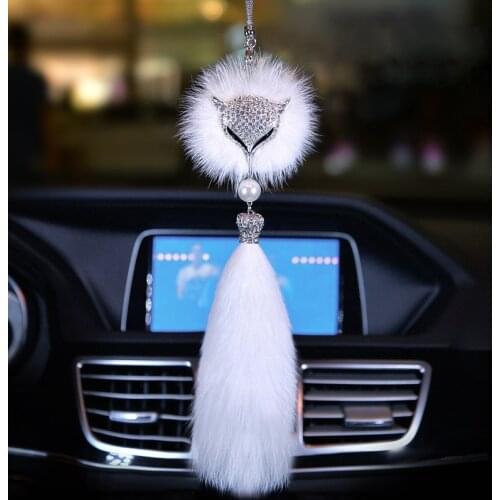 Crystal Car Pendant Fur Fox Car Rearview Mirror Decor Ornaments For Car Hanging Accessory For Girls Christmas Gifts Car Pendants