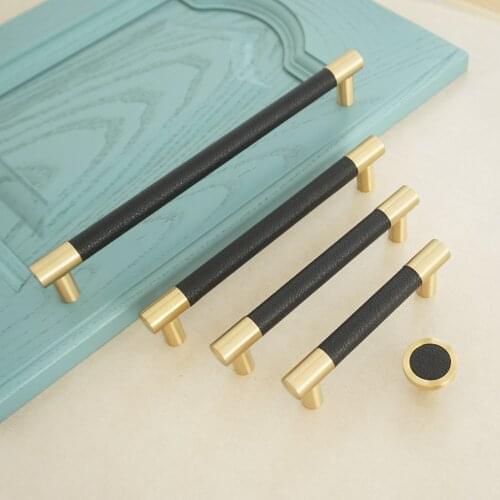 3.78" 5" 6.3" Leather + Solid Brass Furniture Handles Black Pulls Knob for Drawer and Cabinet Brass Wardrobe Closet Handle Pull