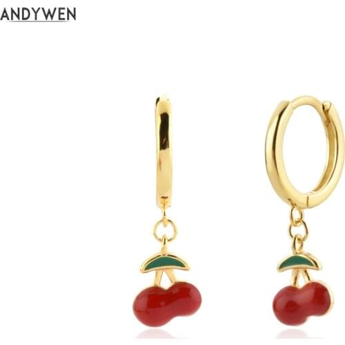 ANDYWEN 925 Sterling Silver Gold Rojo Cereza Drop Earring Naranja Limon Circle Piercing Fine Jewelry Rock Punk Wedding Gift
