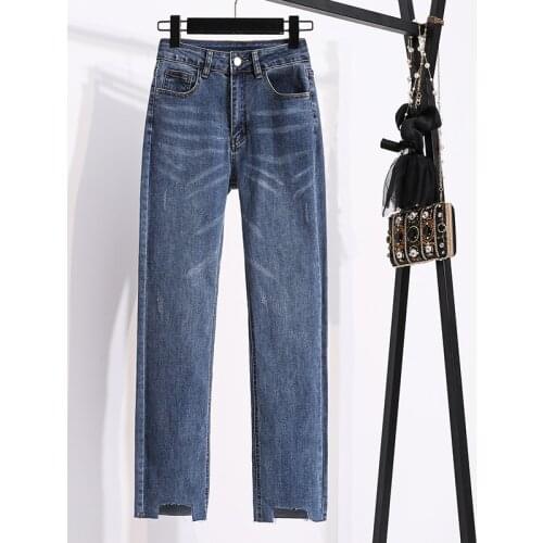 Spring Autumn Fashion Women High Waisted Jeans Slim Capris Trendy Elastic Straight Pants Work Wear Plus Size Blue Pant