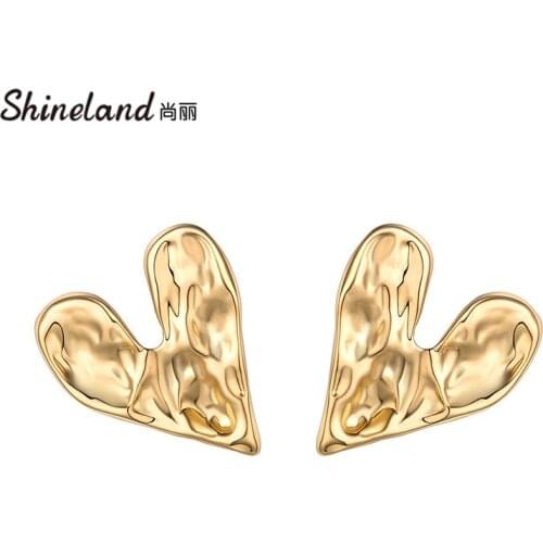 Shineland 2020 Unique Irregular Simple Metal Heart Stud Earrings Statement High Quality Vintage Jewelry Wholesale Bijoux Gift