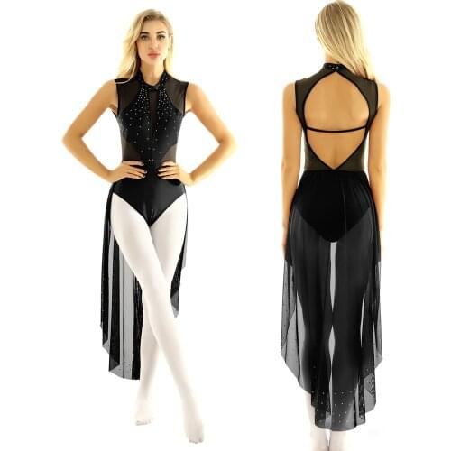 TiaoBug Women Shiny Rhinestones Sleeveless Dancewear Gymnastics Leotard Bodysuit Ballet Dress Performance Lyrical Dance Costumes