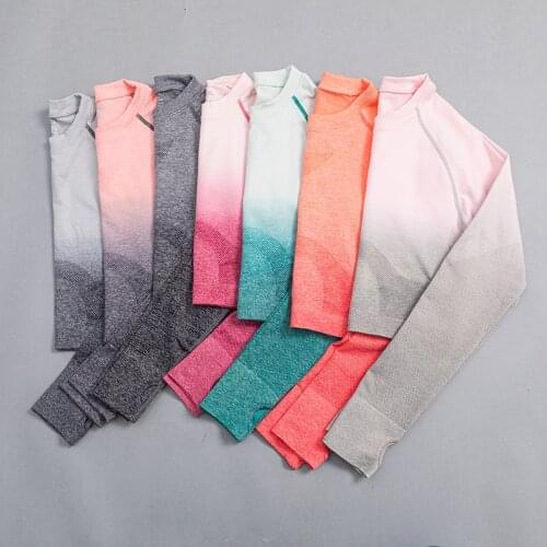 Ombre Women Crop Top Long Sleeve Yoga Shirts Sport Fitness Gym Yoga Top Sports Female Push Up Running Full Sleeve Clothes