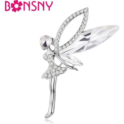 Bonsny Rhinestone Angel Fairy Figure Brooch For Women Wedding Brooches Pin Collar Scarf Decoration Fashion Jewelry Accessories