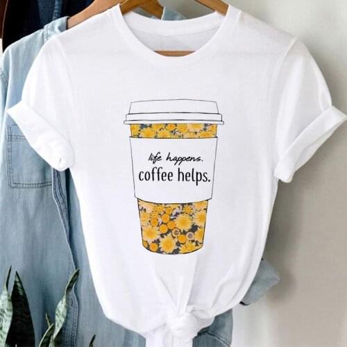 Tshirts Ladies 2021 Summer coffee flower Print Female tshirt White Female Tee Tops Harajuku Short sleeve fashion tshirt femme