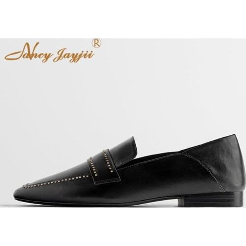 Womens black flat shoes rivet square head shallow mouth with spring and autumn dress fashion casual occupation 2019 large size