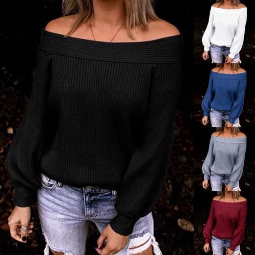 Womens Sweater New Off Shoulder Jumper Tops 2021 Autumn Winter Solid Knitted Pullover Ladies Casual Sweatershirt Dropshipping