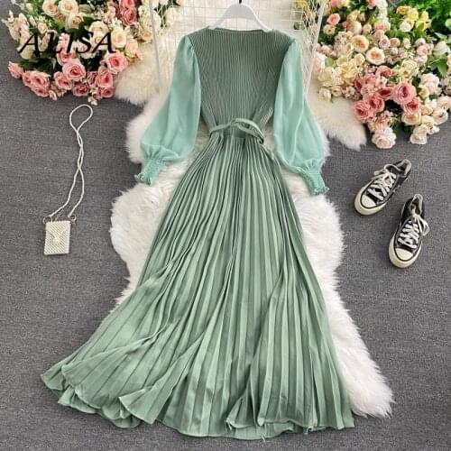 Women Elegant Long Dress O-neck Puff Slesve Solid with Belt High Waist Dresses Woman Bohemian Vintage Pleated Dresses Vestidos