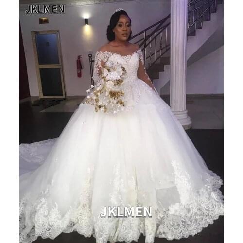 Princess Ball Gown Lace Nigeria African Wedding Dresses Vintage Long Sleeves Beaded Lace Up Bridal Gowns Vestido De Novia