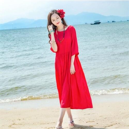 2020 Women Summer Vestido Thin Cotton and Linen Vacation Dress Loose Solid Three Quarter Sleeves Dress Large Size M-7XL