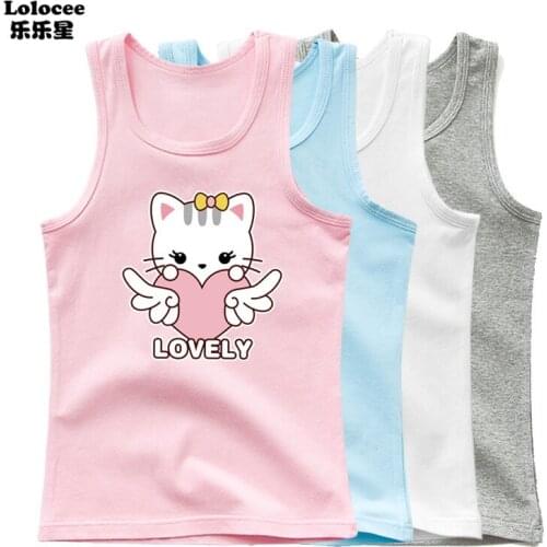 2021 New Cotton Girls Sleeveless Tank Top Girls Singlet For 3-14Y Children Camisoles Kids Cute Cat Print Undershirt
