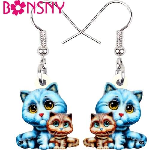 Bonsny Acrylic Mothers Day Cute Blue Cat Earrings Dangle Drop Baby Animal Jewelry For Women Girls Pet Lovers Festival Accessory